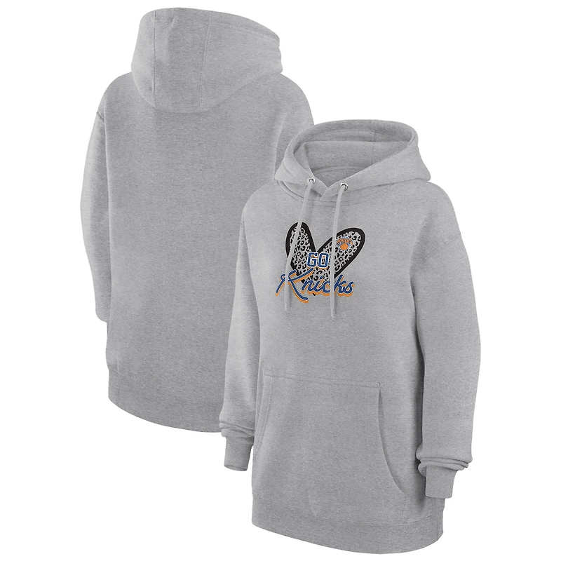 Women's G-III 4Her by Carl Banks Heather Gray New York Knicks Leopard Heart Graphic Fleece Pullover Hoodie