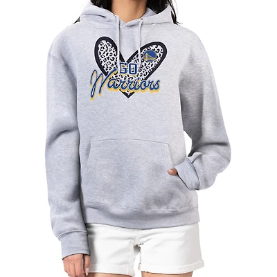 Women's G-III 4Her by Carl Banks Heather Gray Golden State Warriors Leopard Heart Graphic Fleece Pullover Hoodie