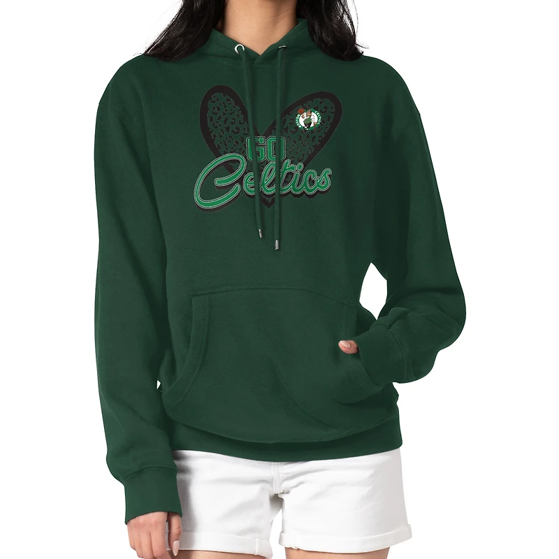 Women's G-III 4Her by Carl Banks Kelly Green Boston Celtics Leopard Heart Graphic Fleece Pullover Hoodie
