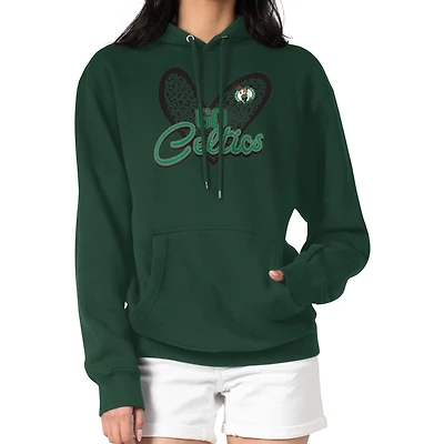 Women's G-III 4Her by Carl Banks Kelly Green Boston Celtics Leopard Heart Graphic Fleece Pullover Hoodie