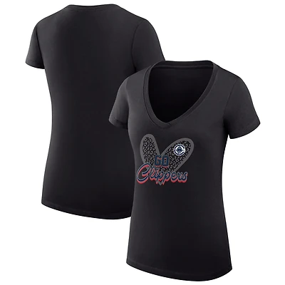 Women's G-III 4Her by Carl Banks Black LA Clippers Super-Slim Fit Lightweight Leopard Heart V-Neck T-Shirt