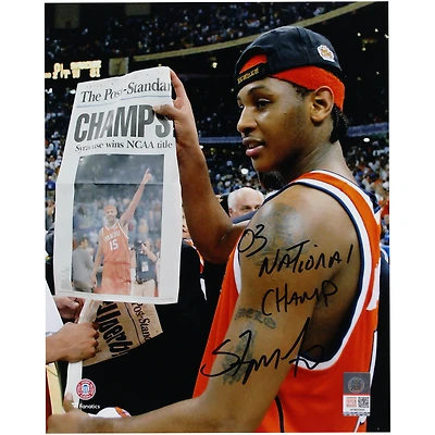 Carmelo Anthony Syracuse Orange Autographed 8' x 10" Holding Newspaper Photograph with "03 National Champ" Inscription