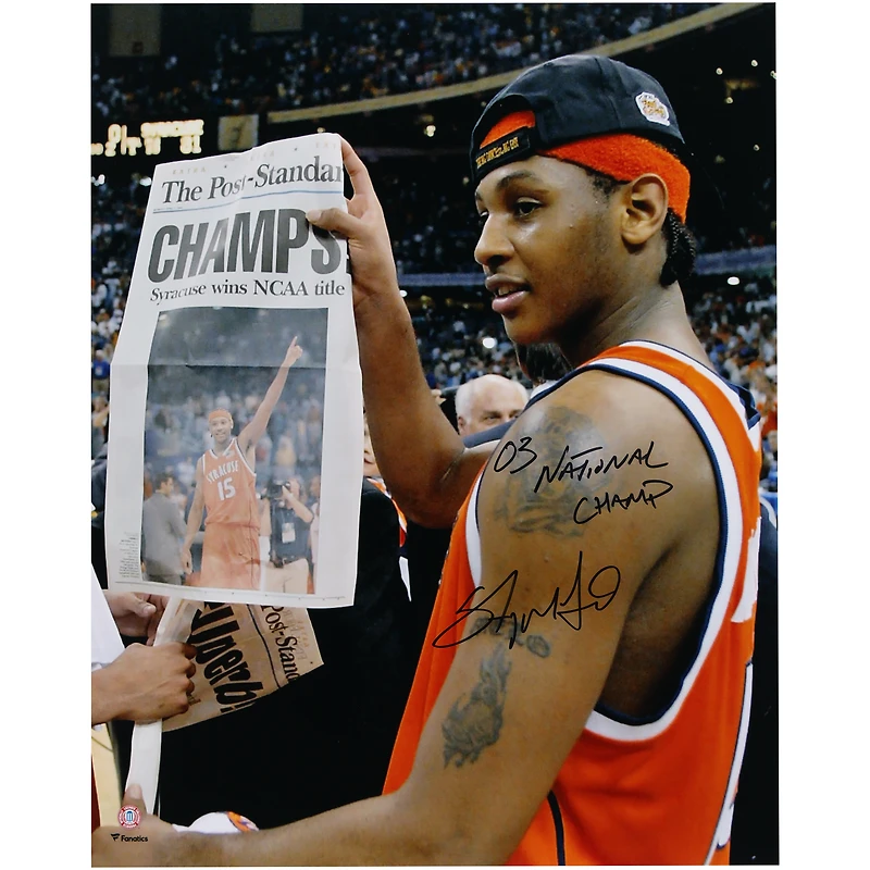 Carmelo Anthony Syracuse Orange Autographed 16" x 20" Holding Newspaper Photograph with "03 National Champ" Inscription