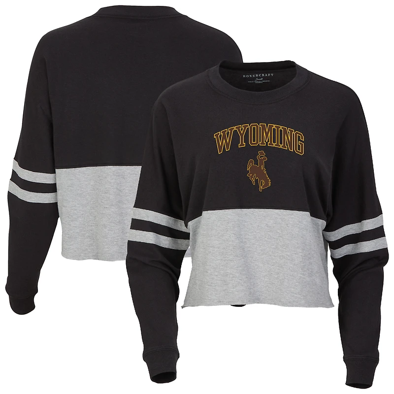 Women's Black Wyoming Cowboys Oversized Cropped Retro Long Sleeve T-Shirt