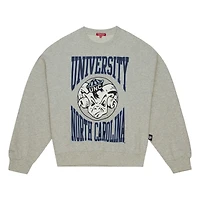 Women's Mitchell & Ness Heather Gray North Carolina Tar Heels Oversized Logo Lightweight Pullover Sweatshirt