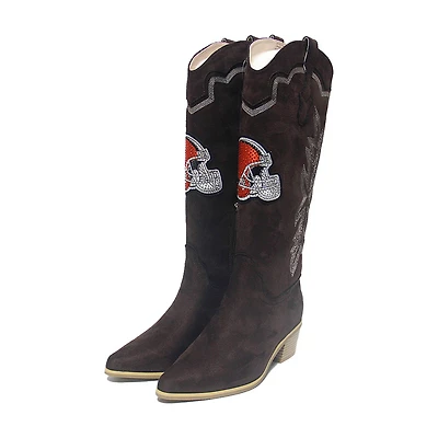 Women's Cuce  Brown Cleveland Browns Rhinestone Faux Suede Cowboy Boots
