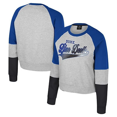 Women's Colosseum Heather Gray Duke Blue Devils Katinka Rhinestone Scoop Neck Pullover Sweatshirt