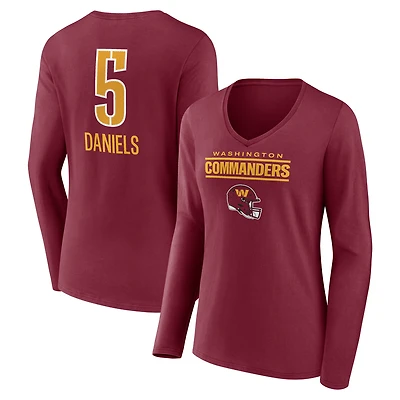 Women's Jayden Daniels Burgundy Washington Commanders Name & Number Team Wordmark Long Sleeve V-Neck T-Shirt