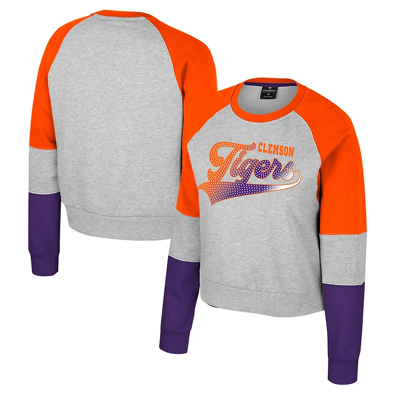 Girls Youth Colosseum Heather Gray Clemson Tigers Katinka Rhinestone Pullover Sweatshirt