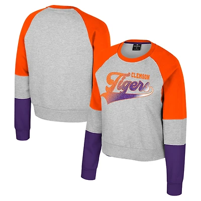 Girls Youth Colosseum Heather Gray Clemson Tigers Katinka Rhinestone Pullover Sweatshirt