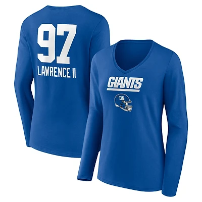 Women's Dexter Lawrence II Royal New York Giants Name & Number Team Wordmark Long Sleeve V-Neck T-Shirt