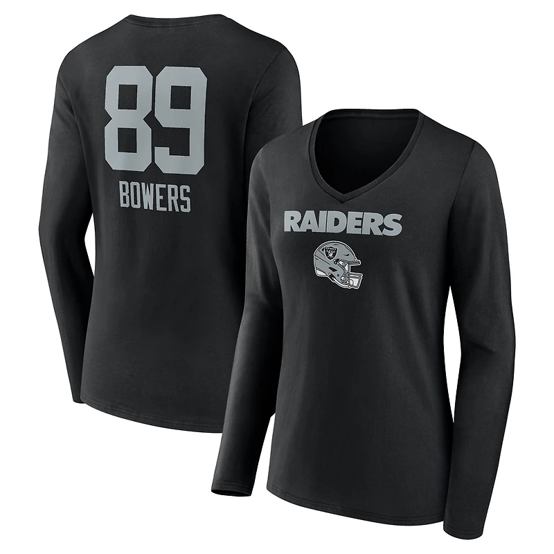 Women's Brock Bowers Black Las Vegas Raiders Name & Number Team Wordmark Long Sleeve V-Neck T-Shirt