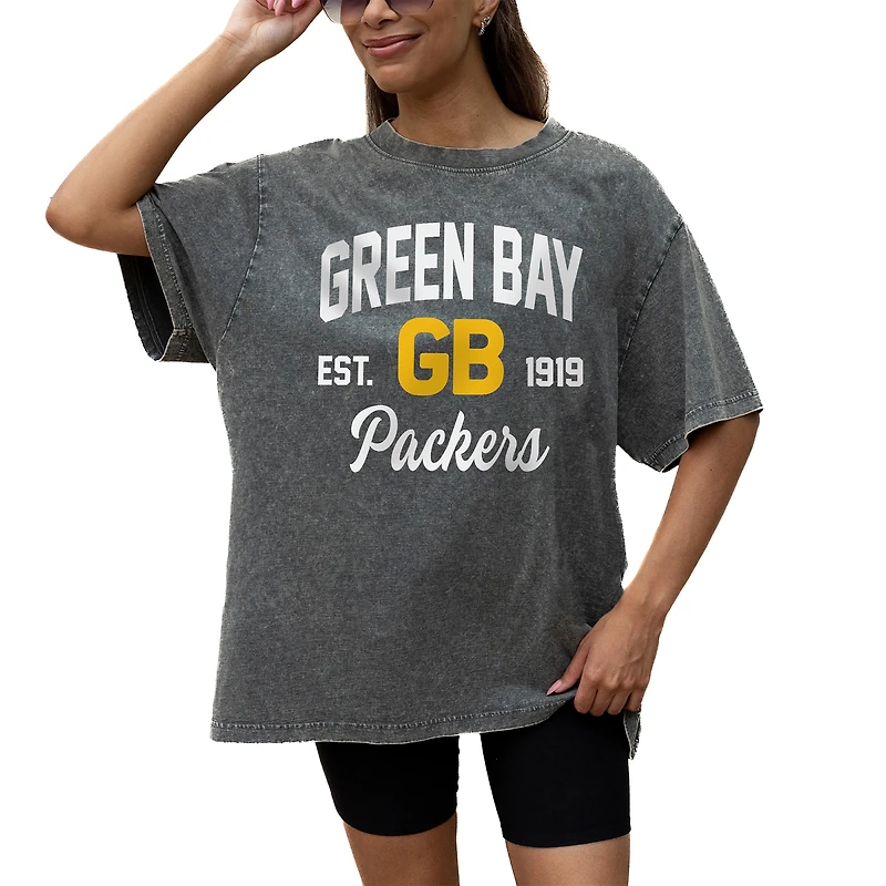 Women's Gameday Couture Grey Green Bay Packers Throwback Oversized Snow Wash T-Shirt