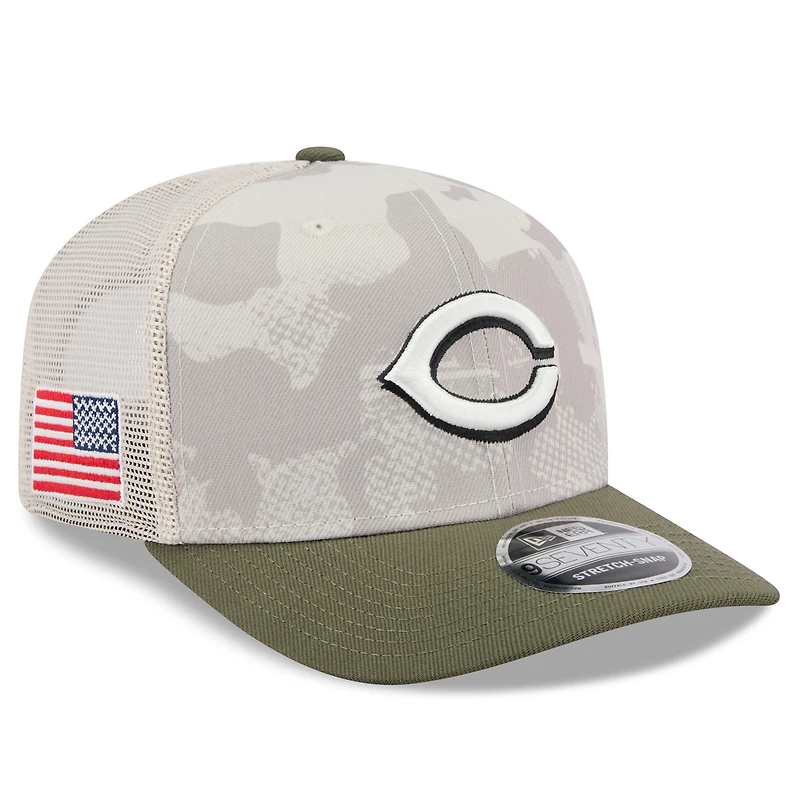 Men's New Era Light Beige/Olive Cincinnati Reds 2025 Armed Forces Day 9SEVENTY Stretch-Snap Hat