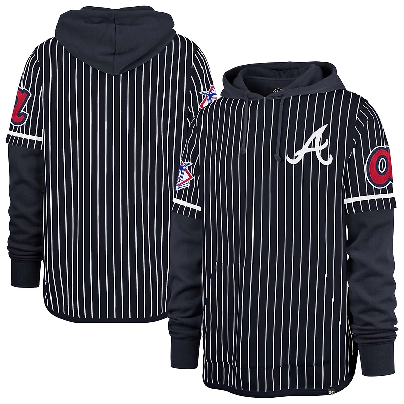 Men's '47 Navy Atlanta Braves Pinstripe Double Header Pullover Hoodie