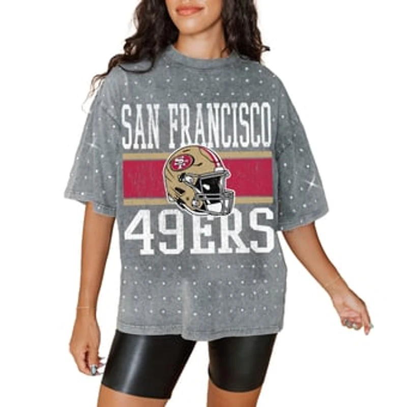 Women's Gameday Couture Gray San Francisco 49ers Oversized Mini Rhinestone Classic T-Shirt