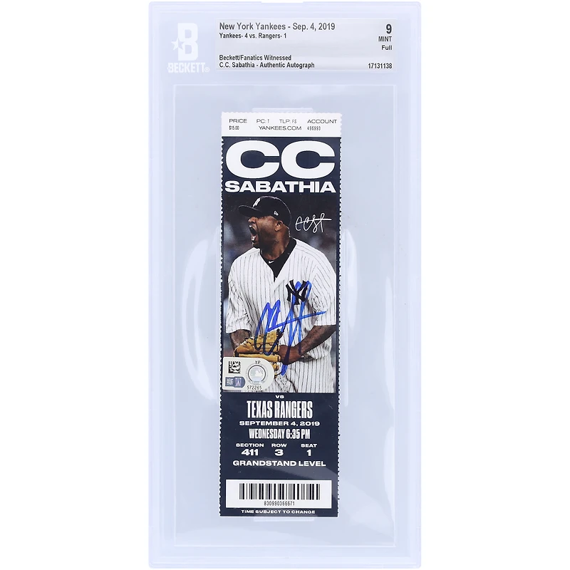 CC Sabathia New York Yankees Autographed Beckett Fanatics Witnessed Authenticated Ticket from September 4