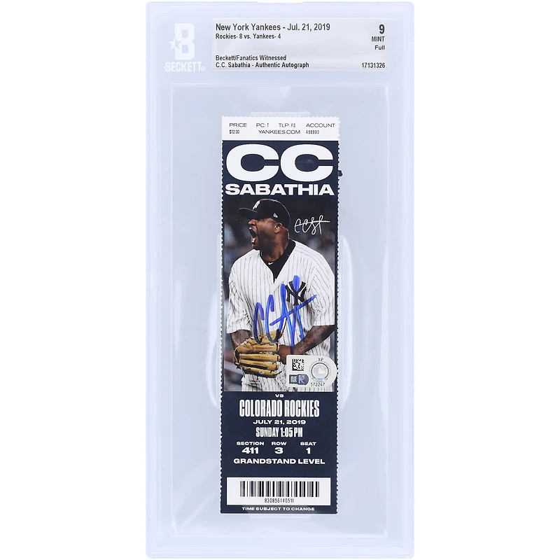 CC Sabathia New York Yankees Autographed Beckett Fanatics Witnessed Authenticated Ticket from July 21