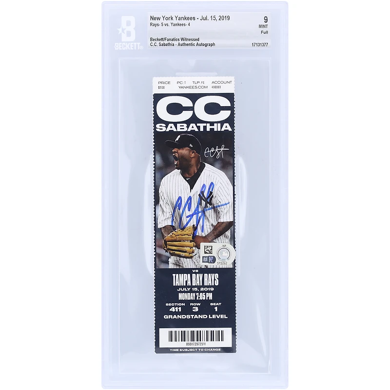 CC Sabathia New York Yankees Autographed Beckett Fanatics Witnessed Authenticated Ticket from July 15