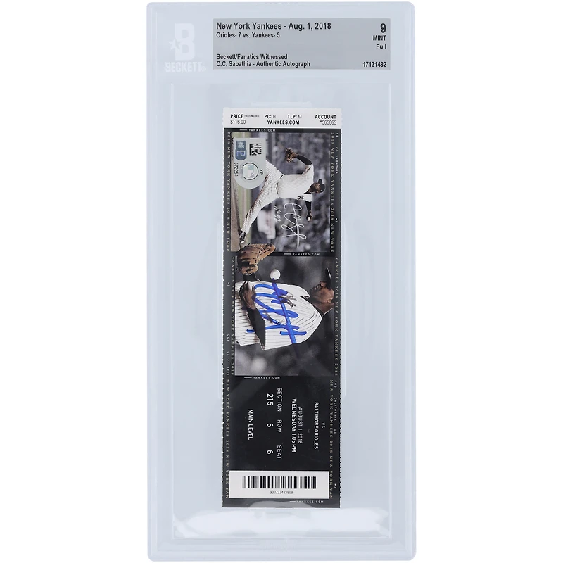 CC Sabathia New York Yankees Autographed Beckett Fanatics Witnessed Authenticated 9 Ticket