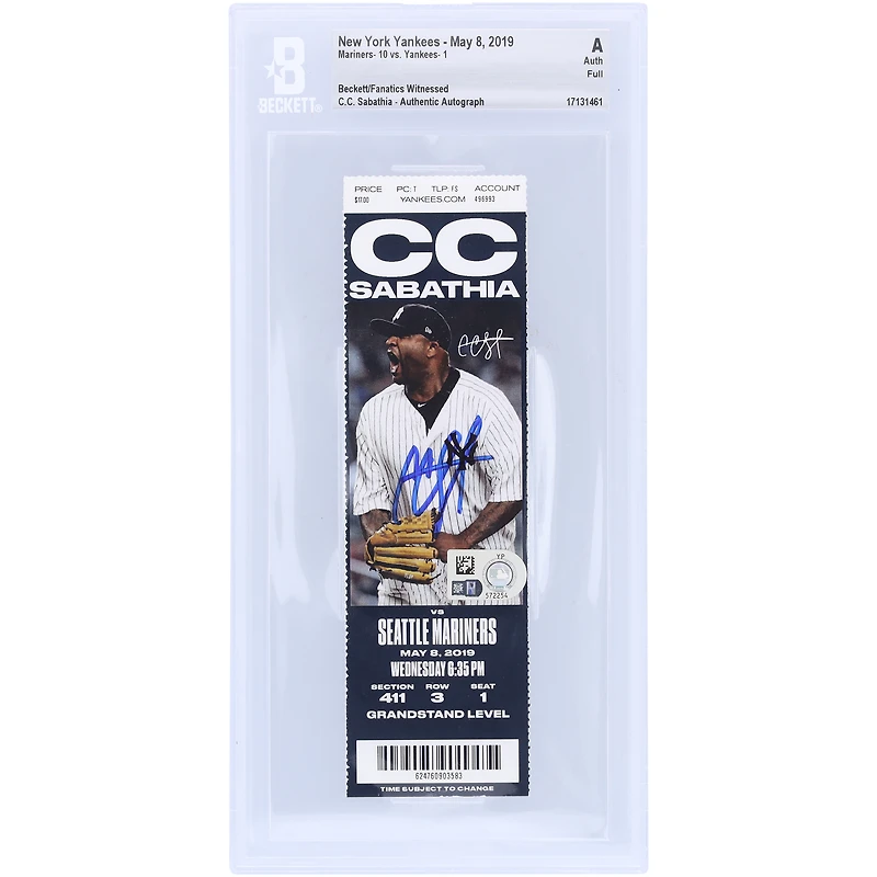 CC Sabathia New York Yankees Autographed Beckett Fanatics Witnessed Authenticated Ticket from May 8, 2019