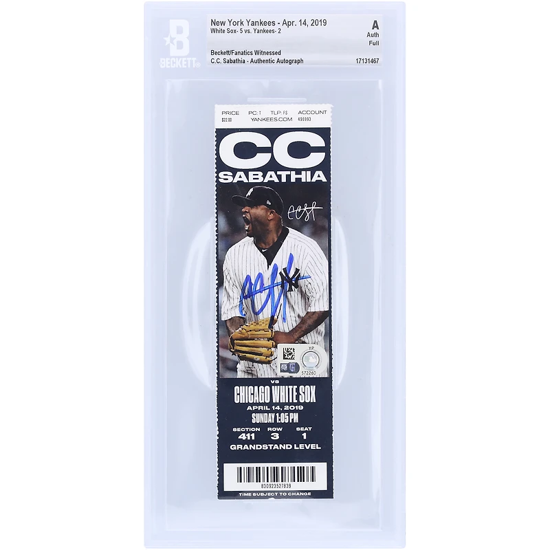 CC Sabathia New York Yankees Autographed Beckett Fanatics Witnessed Authenticated Ticket from April 14, 2019