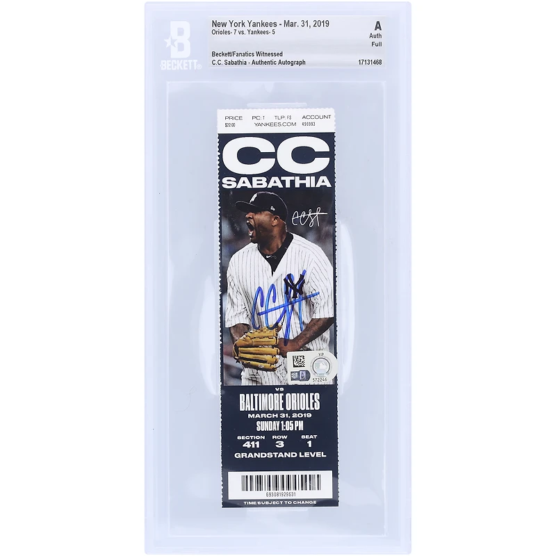 CC Sabathia New York Yankees Autographed Beckett Fanatics Witnessed Authenticated Ticket from March 31, 2019