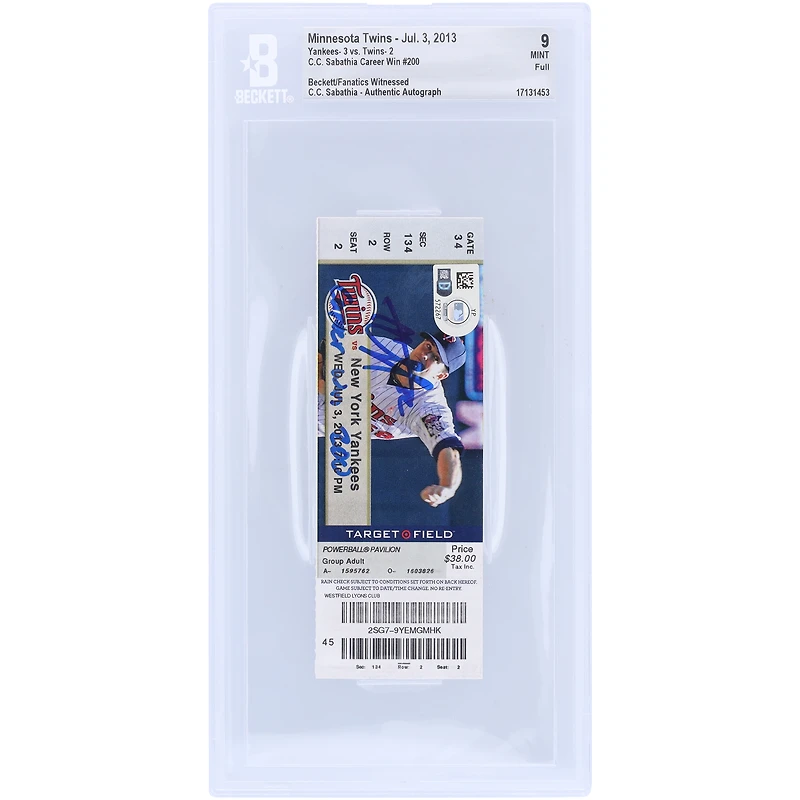 CC Sabathia New York Yankees Autographed Beckett Fanatics Witnessed Authenticated Ticket from July 3, 2013 with "200th Career Win" Inscription