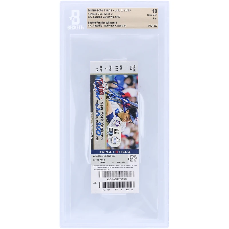 CC Sabathia New York Yankees Autographed Beckett Fanatics Witnessed Authenticated Ticket from July 3, 2013 with "200th Career Win" Inscription