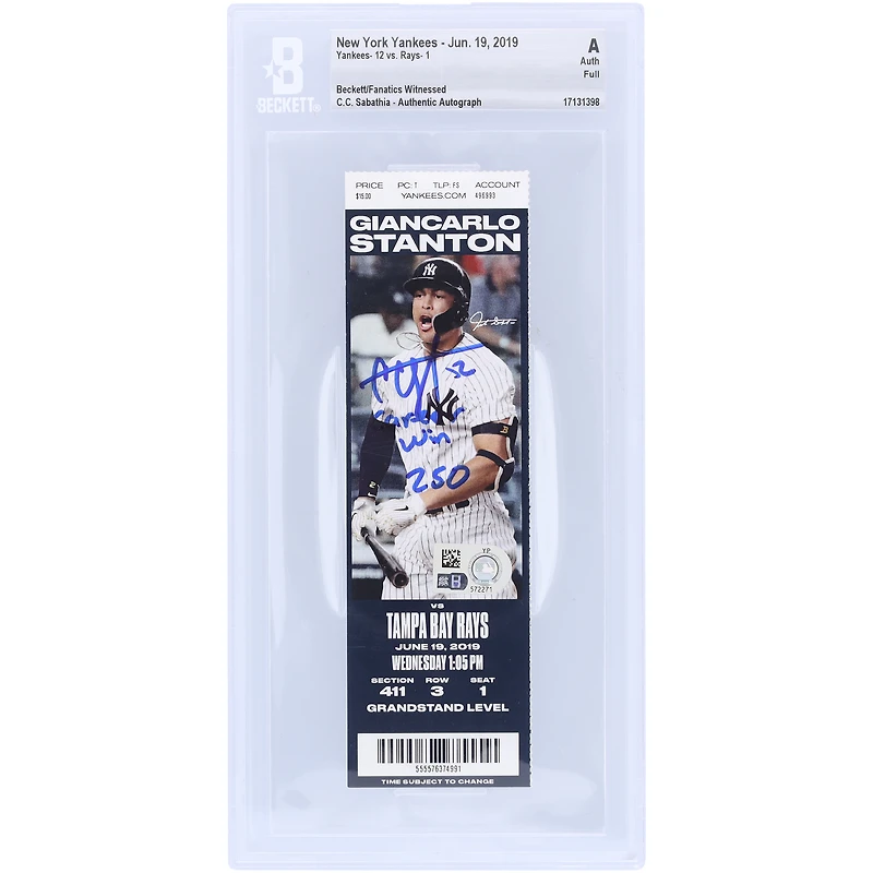 CC Sabathia New York Yankees Autographed Beckett Fanatics Witnessed Authenticated Ticket from June 19, 2019 with "250th Career Win" Inscription - 250th Career Win