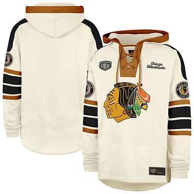 Men's '47  Cream Chicago Blackhawks Blue Line Heritage Lacer Pullover Hoodie