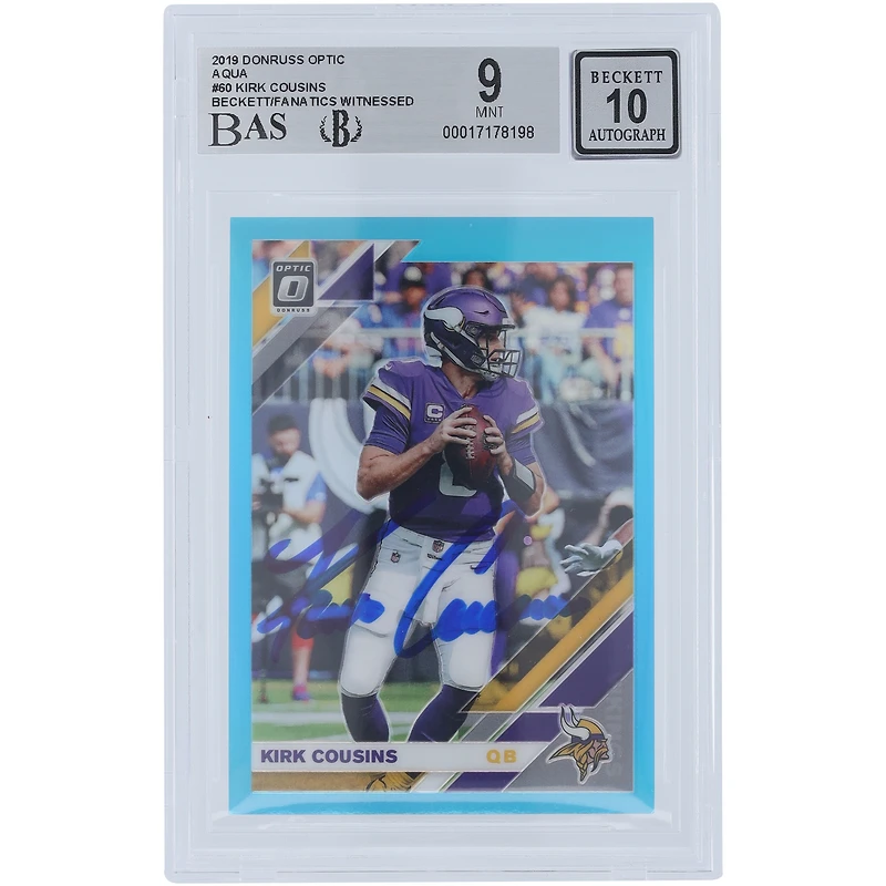 Kirk Cousins Minnesota Vikings Autographed 2019 Panini Donruss Optic Aqua #60 #/299 Beckett Fanatics Witnessed Authenticated 9/10 Card