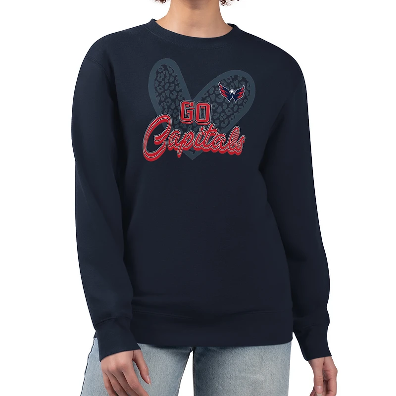 Women's G-III 4Her by Carl Banks Navy Washington Capitals Animal Print Heart Fleece Pullover Sweatshirt