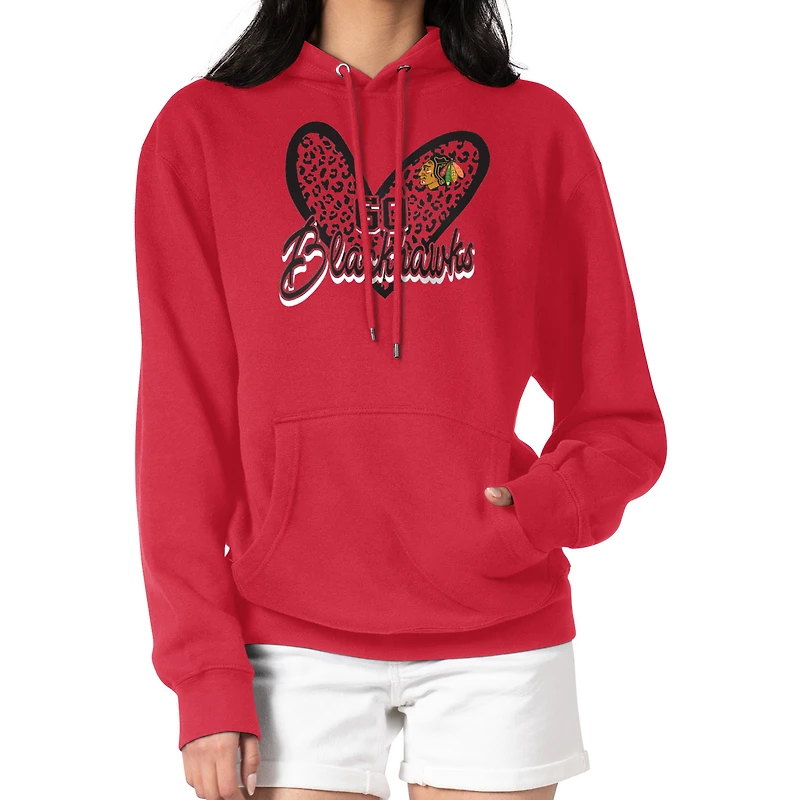 Women's G-III 4Her by Carl Banks Red Chicago Blackhawks Animal Print Heart Fleece Pullover Hoodie