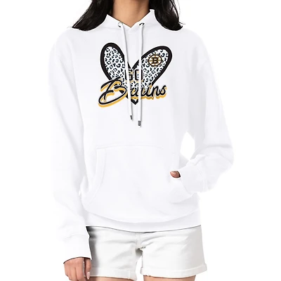 Women's G-III 4Her by Carl Banks White Boston Bruins Animal Print Heart Fleece Pullover Hoodie