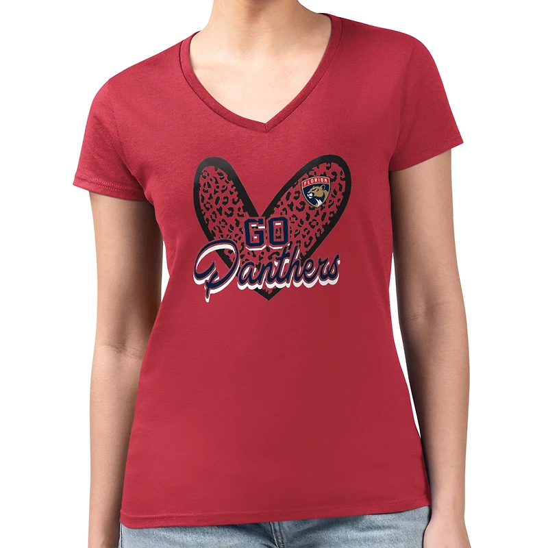 Women's G-III 4Her by Carl Banks  Red Florida Panthers Super-Slim Fit Lightweight Animal Print Heart V-Neck T-Shirt