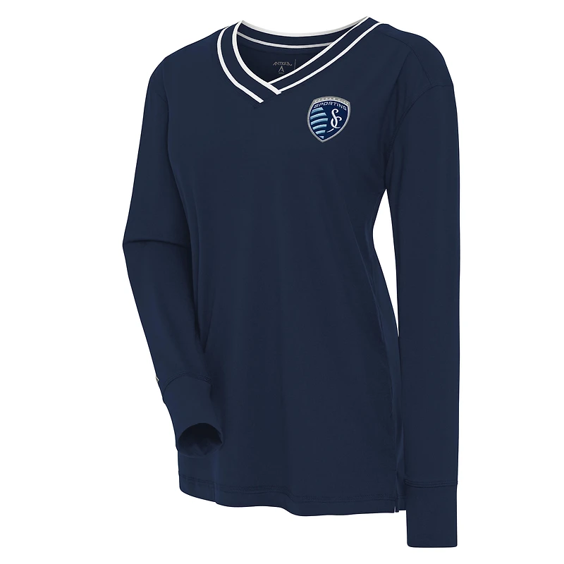 Women's Antigua Navy Sporting Kansas City Symbolic V-Neck Long Sleeve T-Shirt