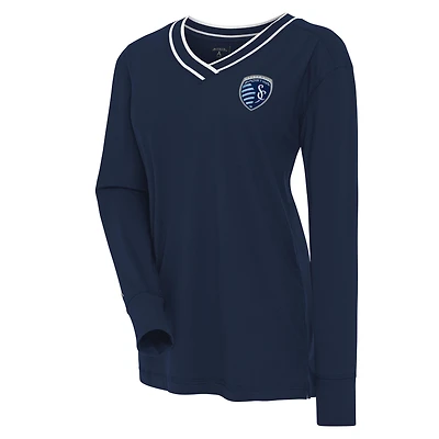 Women's Antigua Navy Sporting Kansas City Symbolic V-Neck Long Sleeve T-Shirt