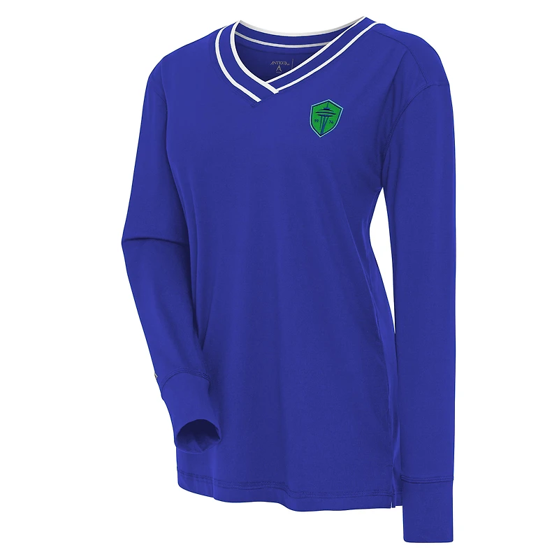 Women's Antigua Blue Seattle Sounders FC Symbolic V-Neck Long Sleeve T-Shirt