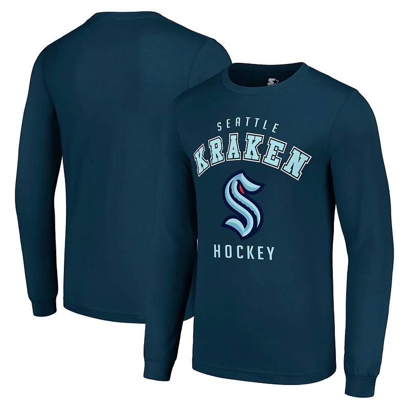 Men's Starter Navy Seattle Kraken Logo Long Sleeve T-Shirt