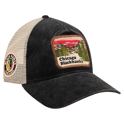 Men's New Era Black/Cream Chicago Blackhawks Vintage Landscape 9TWENTY A-Frame Adjustable Trucker Hat