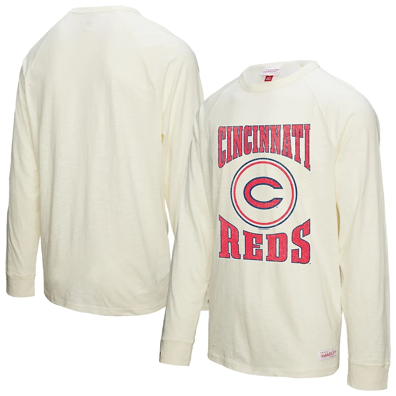 Men's Mitchell & Ness Cream Cincinnati Reds Arched Logo Slub Long Sleeve T-Shirt