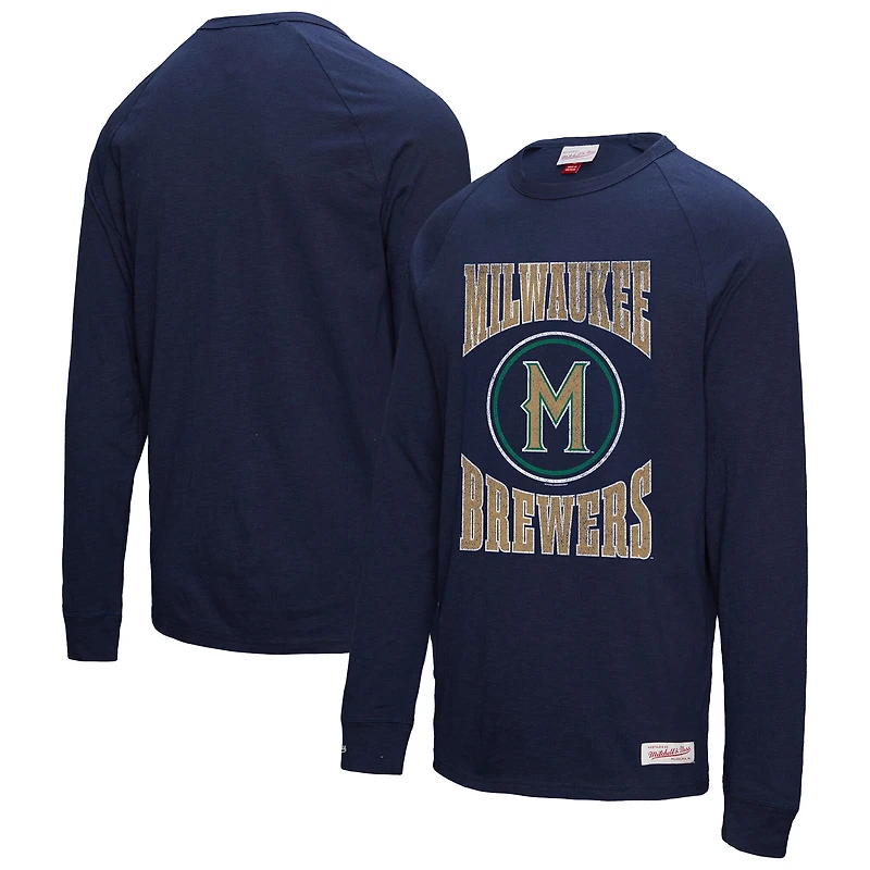 Men's Mitchell & Ness Navy Milwaukee Brewers Arched Logo Slub Long Sleeve T-Shirt