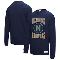 Men's Mitchell & Ness Navy Milwaukee Brewers Arched Logo Slub Long Sleeve T-Shirt