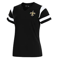 Women's Antigua Black New Orleans Saints Encounter Short Sleeve Notch Neck Top