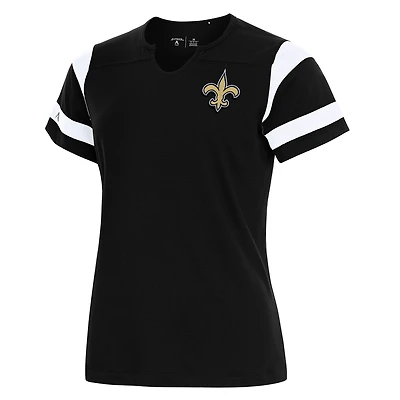 Women's Antigua Black New Orleans Saints Encounter Short Sleeve Notch Neck Top