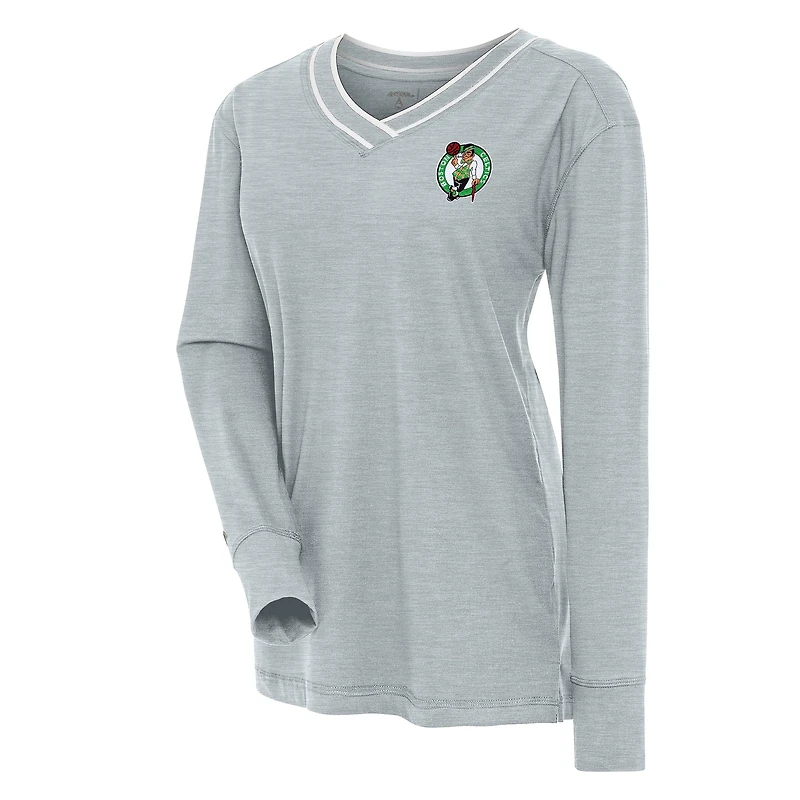 Women's Antigua Heather Gray Boston Celtics Symbolic Long Sleeve V-Neck Top