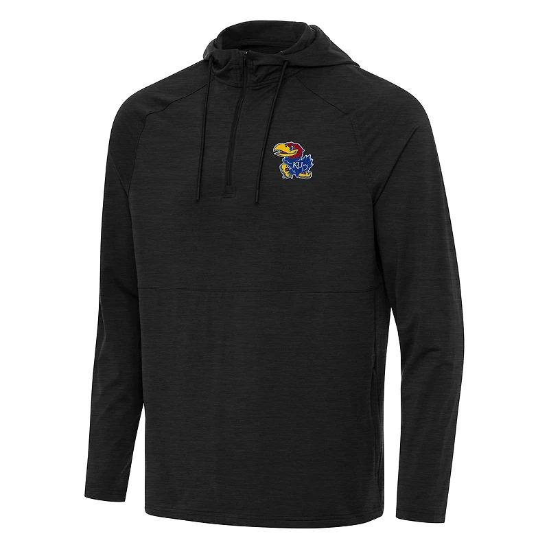 Men's Antigua Heather Kansas Jayhawks Spikes Raglan Quarter-Zip Hoodie
