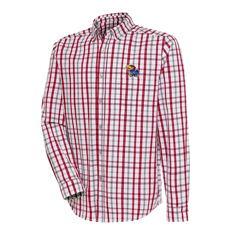 Men's Antigua  Red/Gray Kansas Jayhawks Tending Tri-Blend Button-Down Long Sleeve Shirt