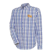 Men's Antigua  Royal/Gray Pitt Panthers Tending Tri-Blend Button-Down Long Sleeve Shirt